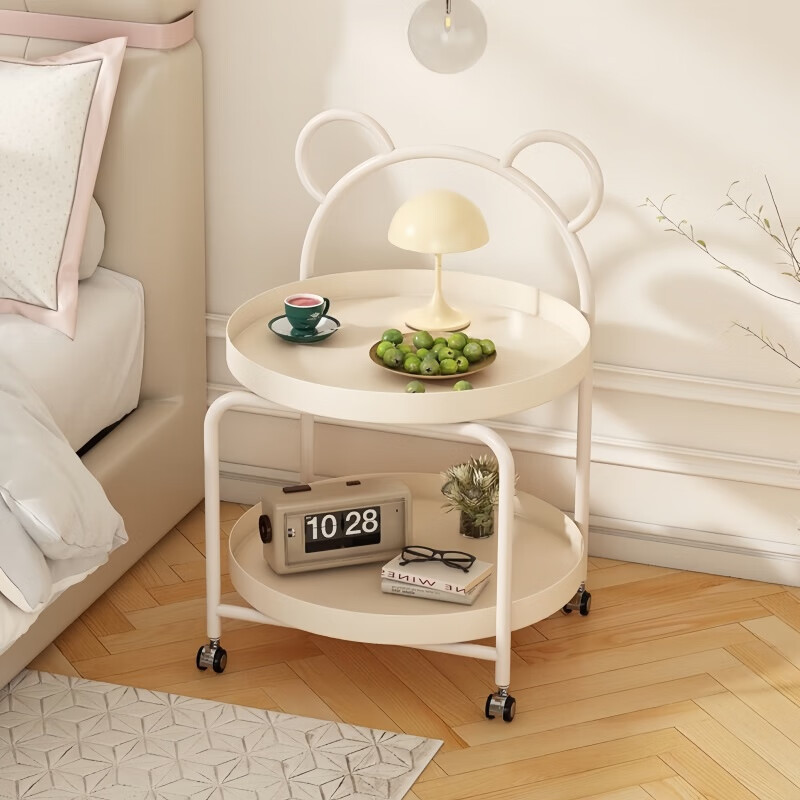 馨婺家奶油风创意小熊推车收纳床头柜家用卧室边桌床头置物架可移动边几 奶白色-小熊茶几【普通碳钢】