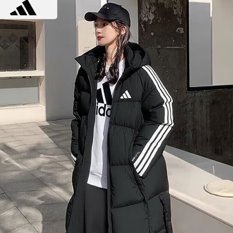 阿迪达斯 （adidas）长款羽绒服男女 25冬季新款户外情侣运动服时尚连帽防风保暖外套 KC2498 绒子含量80% M
