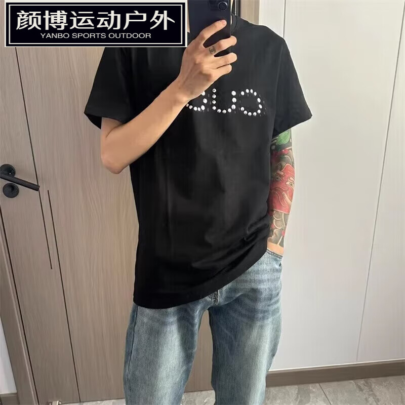 嬅欣苏6衣服精神小伙短袖t恤男2024夏季新款时尚烫钻苏六男士高端 黑色高质量铆钉烫钻 M 80-90斤