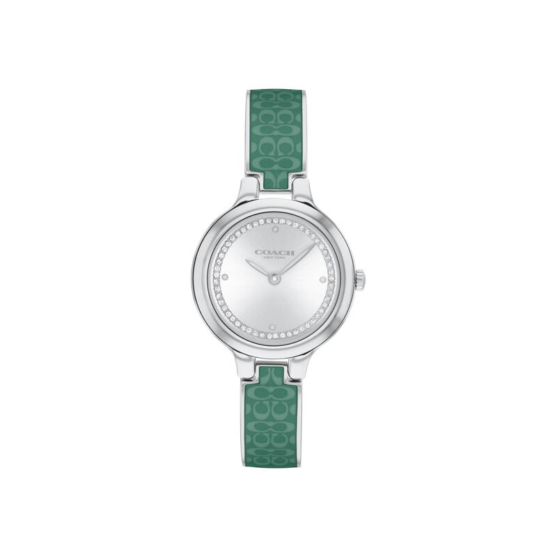 蔻馳（COACH）女士石英表手鐲腕表手表復(fù)古配飾禮物生日防水歐美表琺瑯C標(biāo)志 Silver/Green 銀色/綠色 27mm