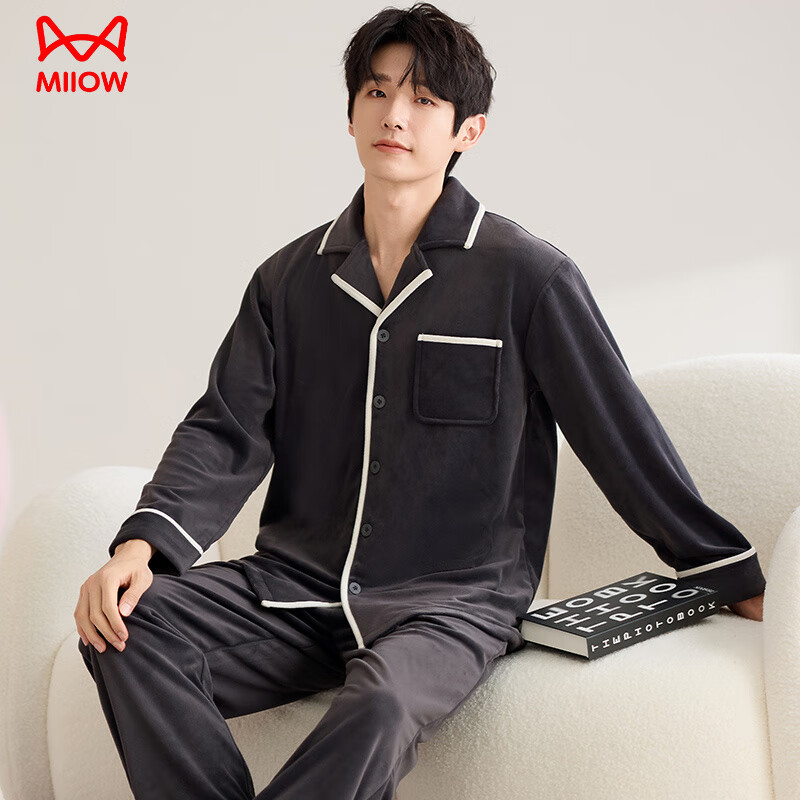 猫人（MiiOW）薄绒睡衣男士秋冬季2025新款保暖珊瑚绒短绒开衫男款加绒厚家居服 88646#男款AM XL