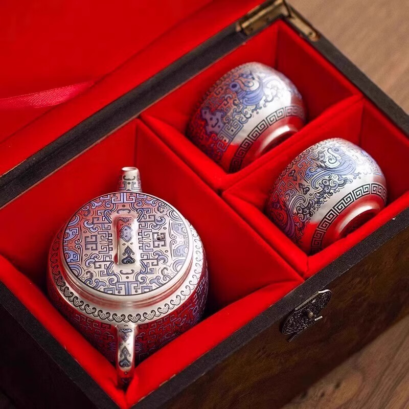 景盏景德镇工艺鎏银汉瓦壶茶具套装家用一壶两杯功夫泡茶壶茶杯节日伴 鎏银-天命玄鸟一壶二杯(礼盒装) 1