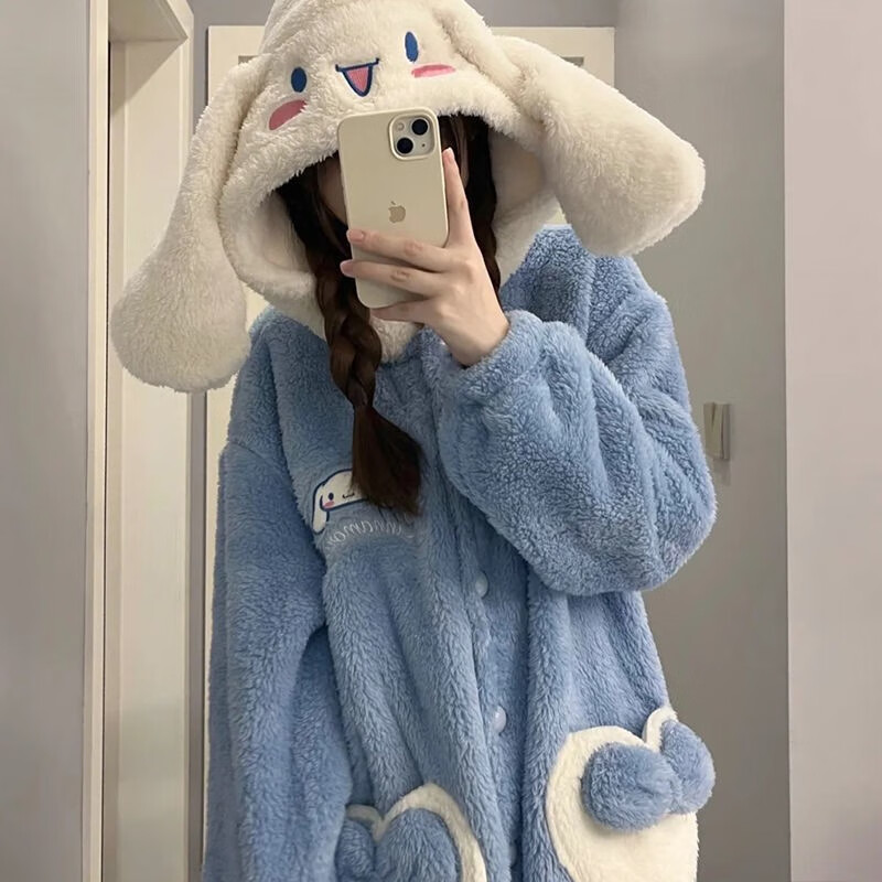 诗莉奥(SHILIAO)可爱珊瑚绒睡衣女冬季睡裙加绒加厚加厚保暖学生可爱加厚珊瑚绒 玉桂狗睡袍+裤子 均码 【适合80-160斤】