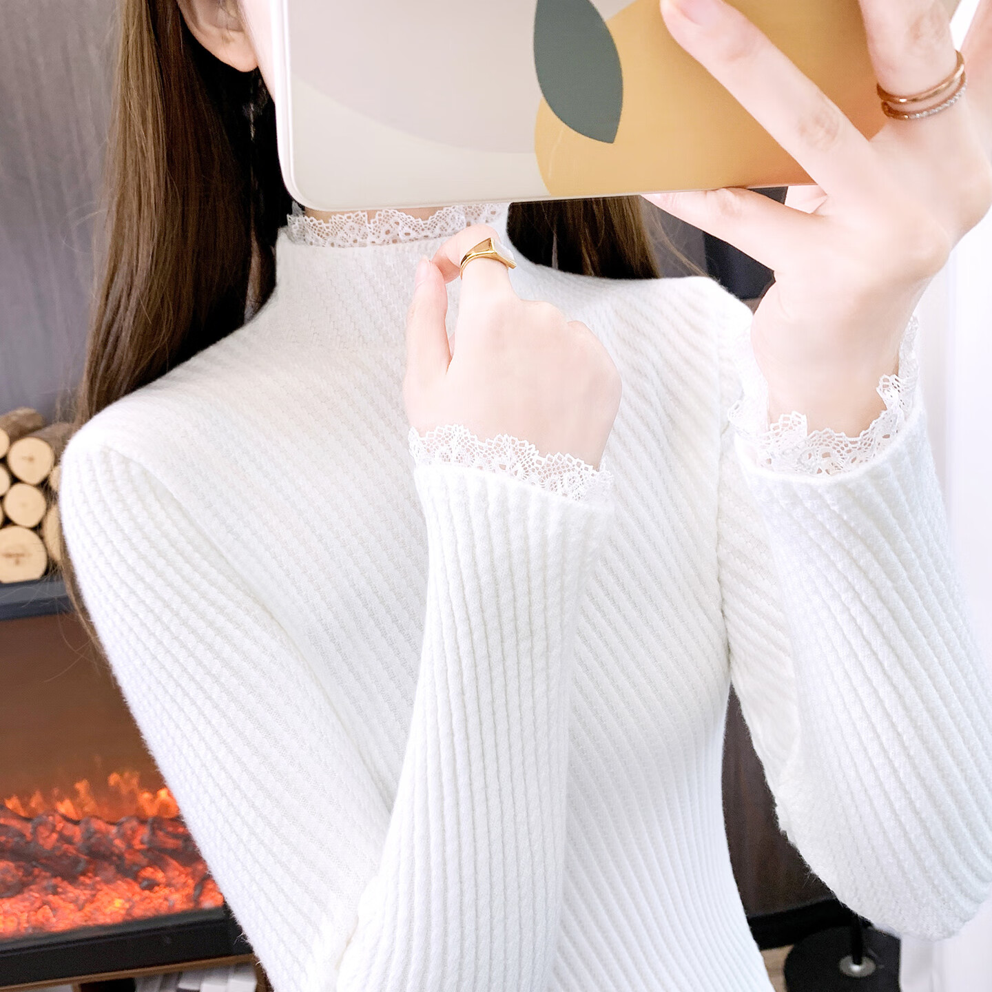 香影芬半高领蕾丝毛衣打底衫内搭女款2025新款穿搭上衣秋冬季白色针织衫 紫色 S (建议95斤以内) 