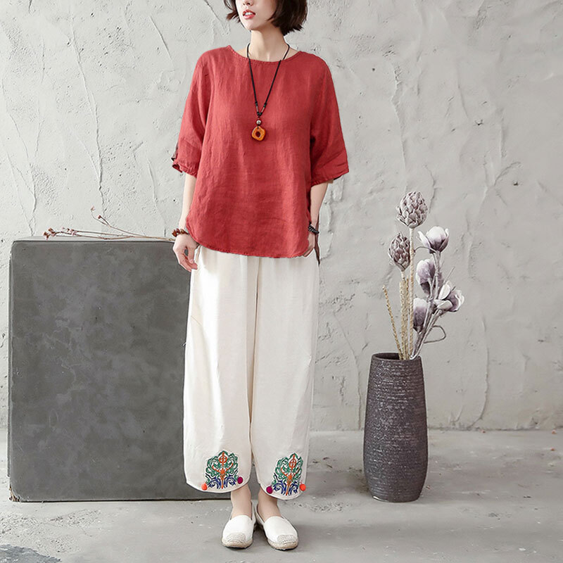 熱奧棉麻套裝太極服女夏季時尚中國民族風(fēng)刺繡亞麻太極服兩件套 橘衣白褲 L(118-132斤