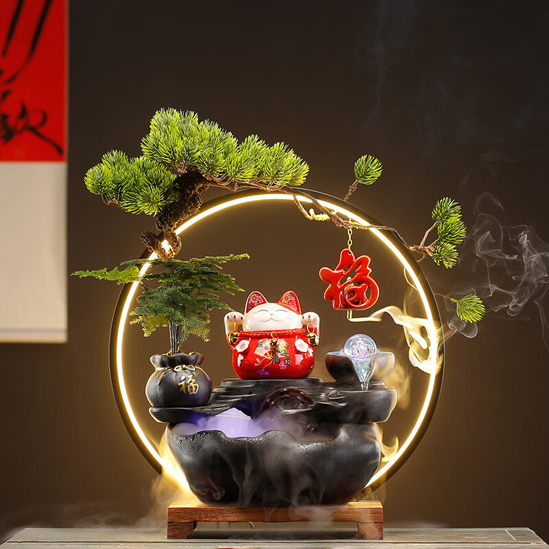 春锦秋鲤创意摆件招财猫流水摆件财源广进细水长流前台摆件办公室桌面