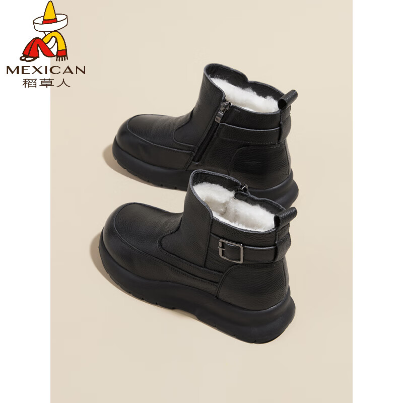 稻草人（MEXICAN）皮毛一体雪地靴女款2026秋冬季新款皮面防水加绒加厚棉鞋厚底短靴 黑色 35 送运费险