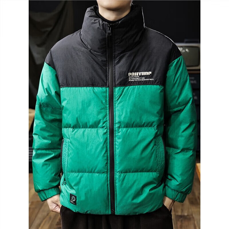 邦约恋人美式复古潮牌拼色羽绒服男2025冬季新款高充绒加厚保暖外套情侣款 珊瑚绿 GY7253 2XL 建议体重 166-185斤