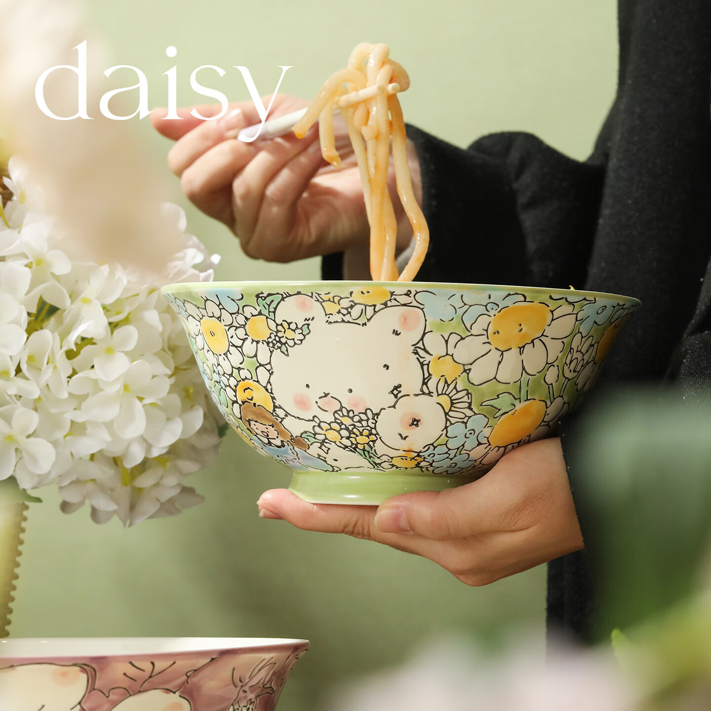 蓝莲花面碗家用2025新款高颜值釉下彩餐具陶瓷饭碗汤碗漂亮儿童碗 阿满手绘7.5寸高脚面碗｜雏菊