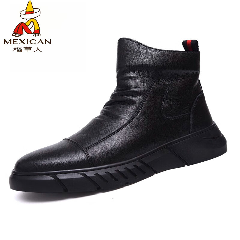 稻草人（MEXICAN）马丁靴真皮高帮男鞋2026新款秋冬季透气软底大码男士中帮休闲皮鞋 黑色 四季 37