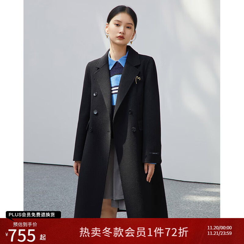 自巧小个子正肩黑色纯羊毛双面呢大衣女冬季新款毛呢西装外套 夜幕黑 XS (151-153cm左右参考)