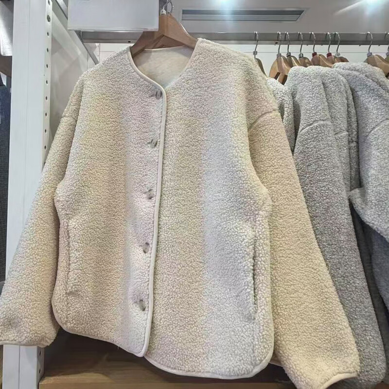 小红书女装彷羊羔绒摇粒绒休闲圆领开衫/长袖外套25秋冬新款4 乳白色 S