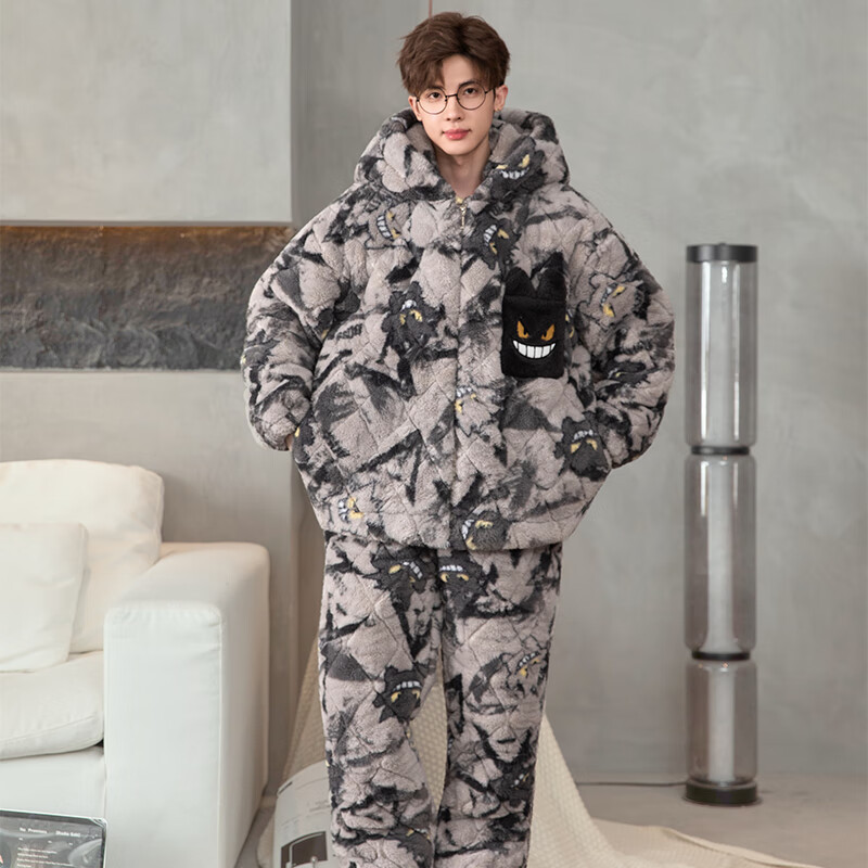 萧淑妃珊瑚绒睡衣男冬季加绒加厚保暖卡通青少年三层夹棉开衫家居服套装 耿鬼 M
