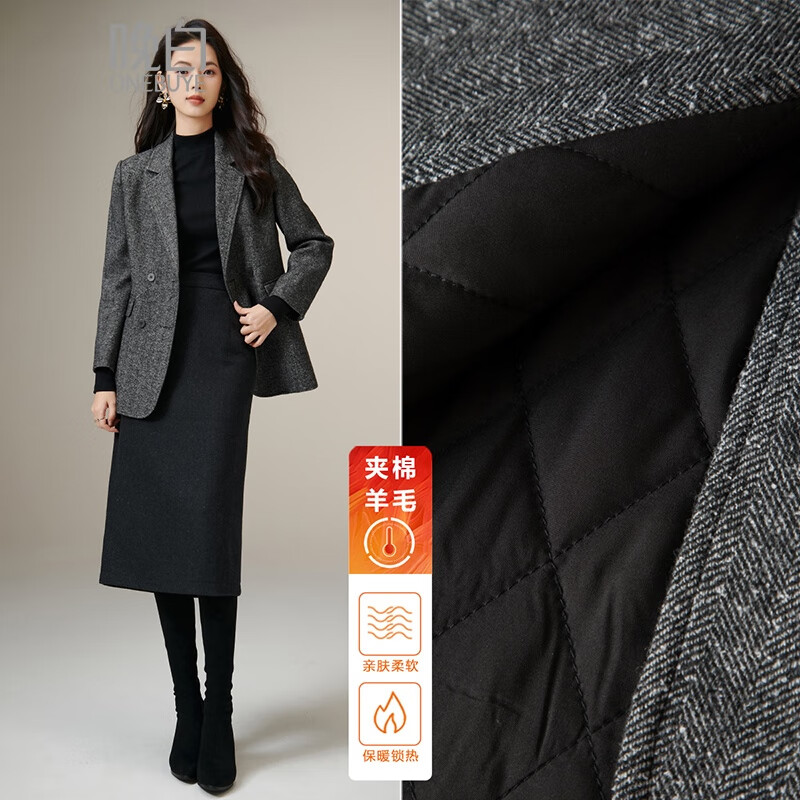 晚白【新品】冬款老钱静奢风粗花呢羊毛翻驳领西装气质夹棉格雷灰外套 深灰色 L