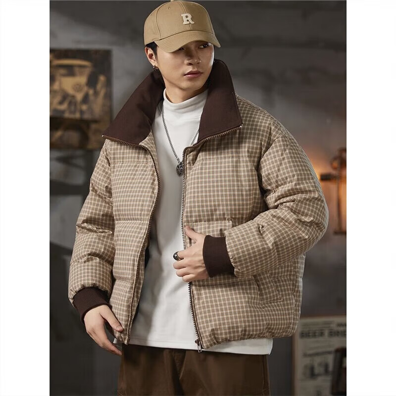 邦约恋人复古格纹翻领90鸭绒羽绒服男2025新款冬季潮牌宽松休闲面包服外套 格子咖 GY7310 3XL 建议体重 181-205斤