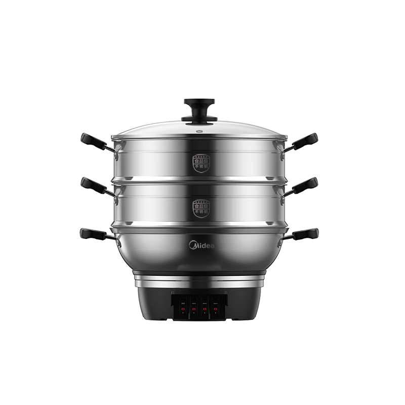 美的（Midea）电蒸锅电炒锅电煮锅电火锅多功能锅家用蒸煮炒一体电热锅蒸蛋器不锈钢0涂层多用途锅MZ-ZGC34G02