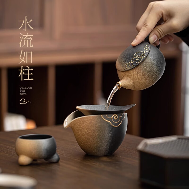 BOSSY 复古渐变茶壶套装功夫茶具粗陶茶杯整套家用泡茶具礼盒新年礼品 祥瑞渐变·手执壶茶具大套装