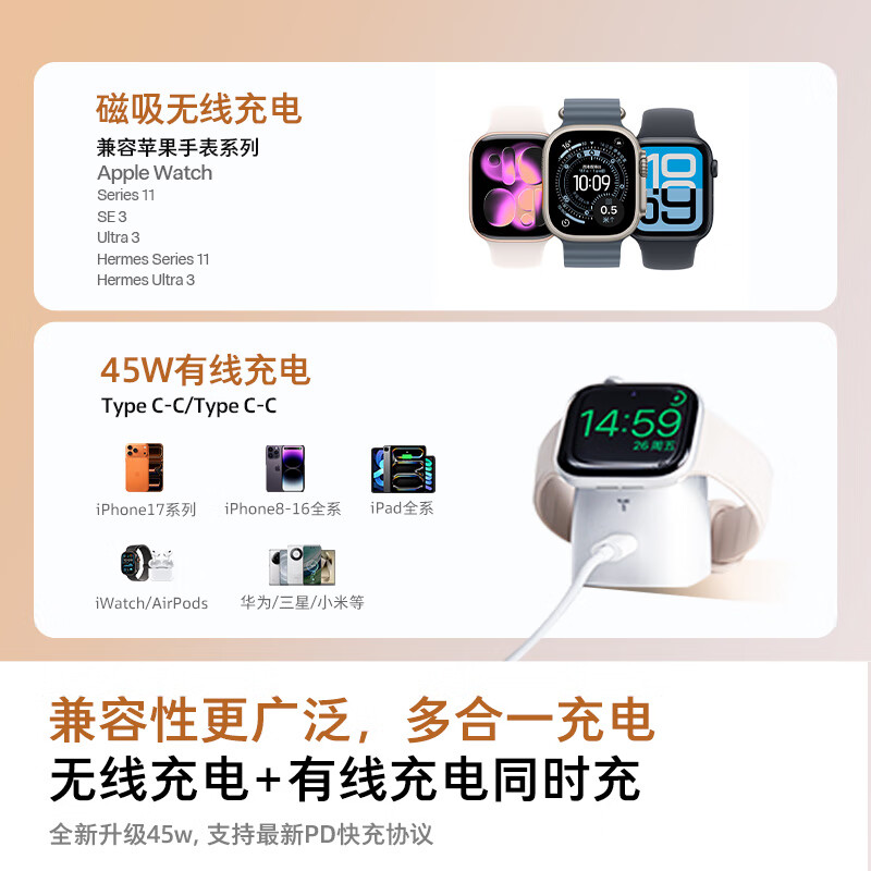 图拉斯大眼仔充电器【多合一快充】45W苹果充电头apple i watch手表无线磁吸充iPhone17promax插头充电站 【星星白丨45W单头】 手机手表同时充
