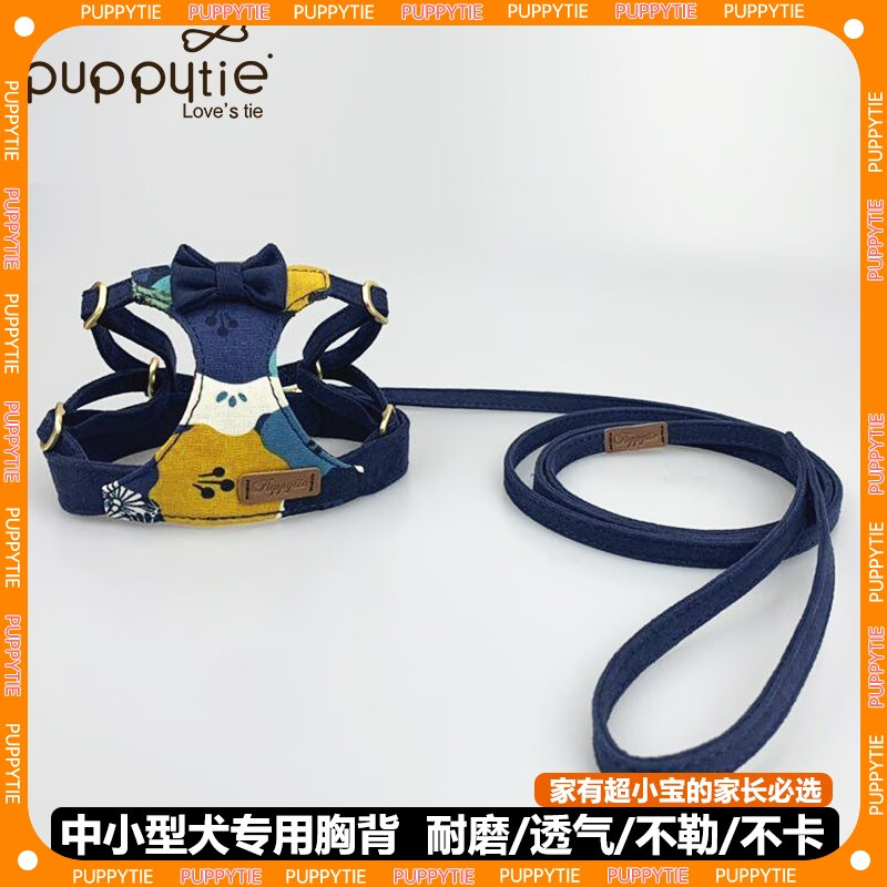puppytie猫咪牵引绳遛猫背心式猫猫胸背带猫绳外出防挣脱宠物用品 蓝-胸背带+牵引绳 S-小型 建议10-18斤