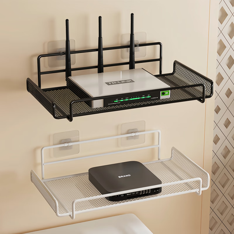 馨婺家路由器放置架墙上挂式宿舍免打孔置物架家用收纳盒客厅机顶盒支架 黑色-单层中号【加厚密网】