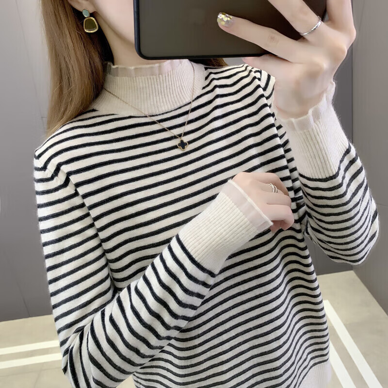 香影纯蕾丝半高领条纹针织打底衫女2025秋冬新款宽松显瘦毛衣女装内搭 杏色 S (建议95斤以内)