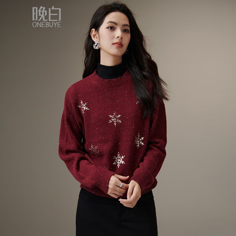 晚白2025冬款今年流行洋气圣诞穿搭新年中国红氛围感上衣印花针织衫女 枣红色 L