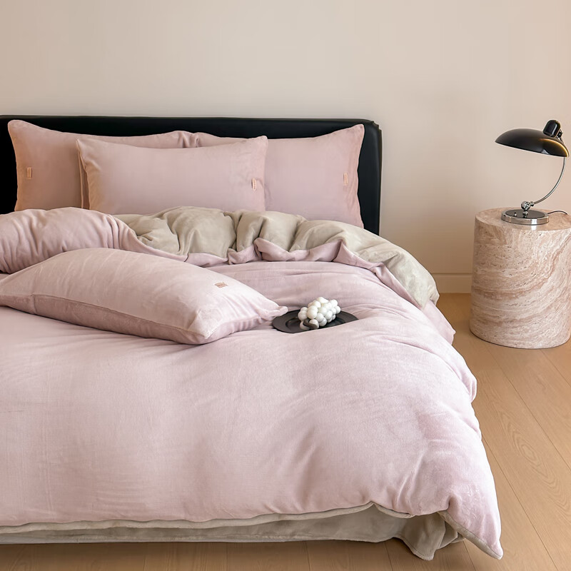 兰芮（Lanrui）A类230g抗菌加厚牛奶绒四件套秋冬保暖牛奶被套床单被罩法兰绒 甜梦粉 1.5/1.8m床 床单款 （被套200*230cm）