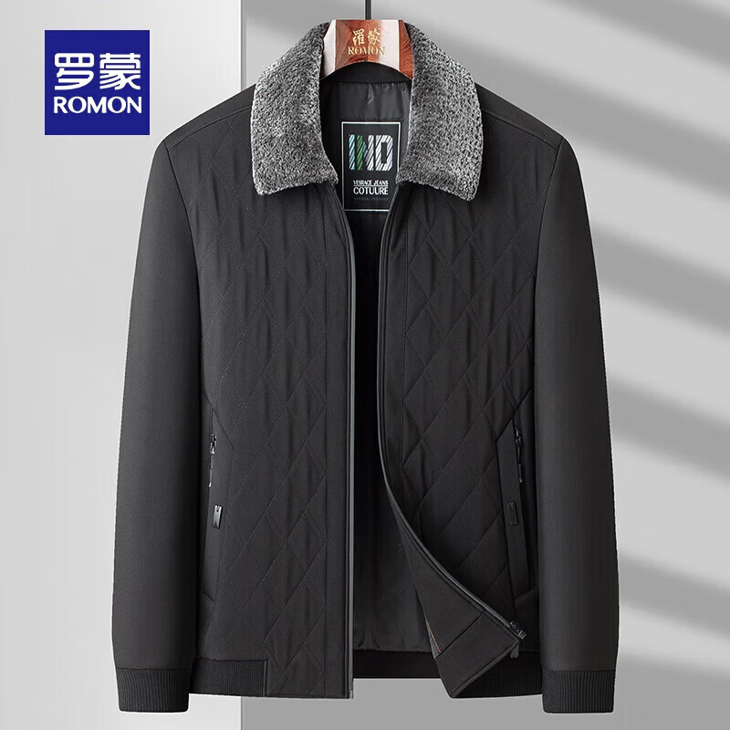 罗蒙（ROMON）加厚棉服2024新款秋冬毛领中老年男士保暖休闲商务防寒棉衣棉袄 黑色 L 175