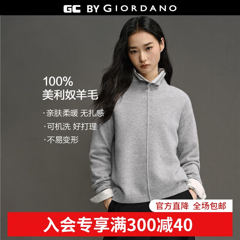 GIORDANO CONCEPTS 2025秋冬新款针织衫女静奢羊毛衫品牌刺绣宽松高领毛衣12355605 13中花灰 L