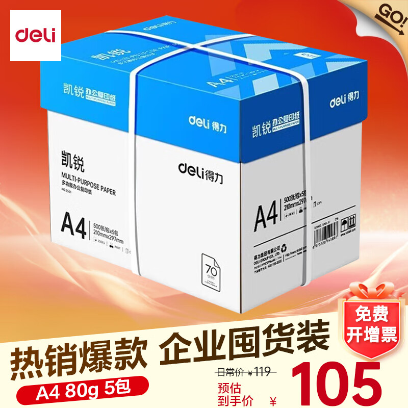 得力（deli）凯锐A4打印纸 双面加厚复印纸 白纸 草稿纸 打印机机纸 电脑纸 办公用纸 办公采购优选  A4 5包/2500张【加厚80g】