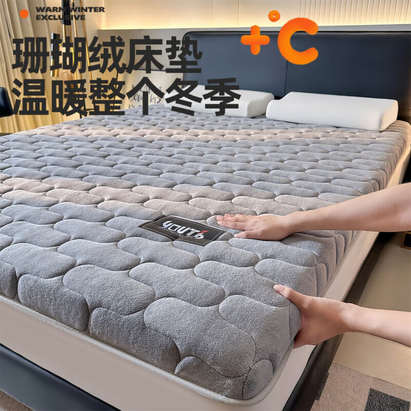 浪莎（langsha）a类床垫褥子珊瑚绒秋冬季加绒加厚床垫1.8米x2米垫子床垫床上用品 格韵-简奢灰-厚度5cm 0.8*1.9