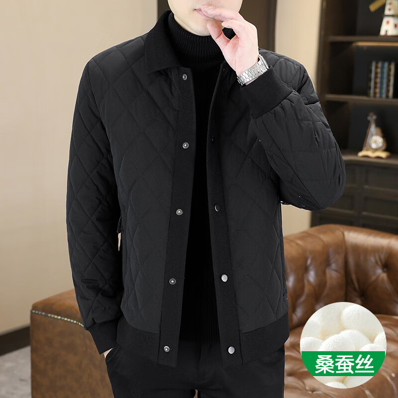 劲霸羽绒服新款桑蚕丝棉衣男士冬季轻薄棉服外套休闲加厚翻领棉袄上衣 灰色 XL 120-135斤