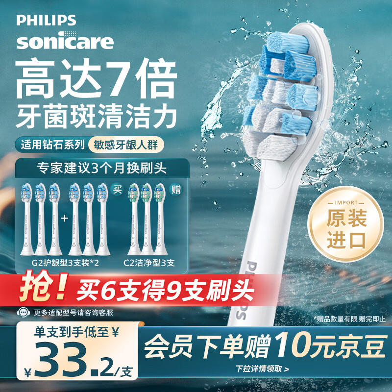 飞利浦（PHILIPS）电动牙刷头 牙龈敏感适用 3支装HX9033 适配钻石3/5/7/9/AI系列HX51系列