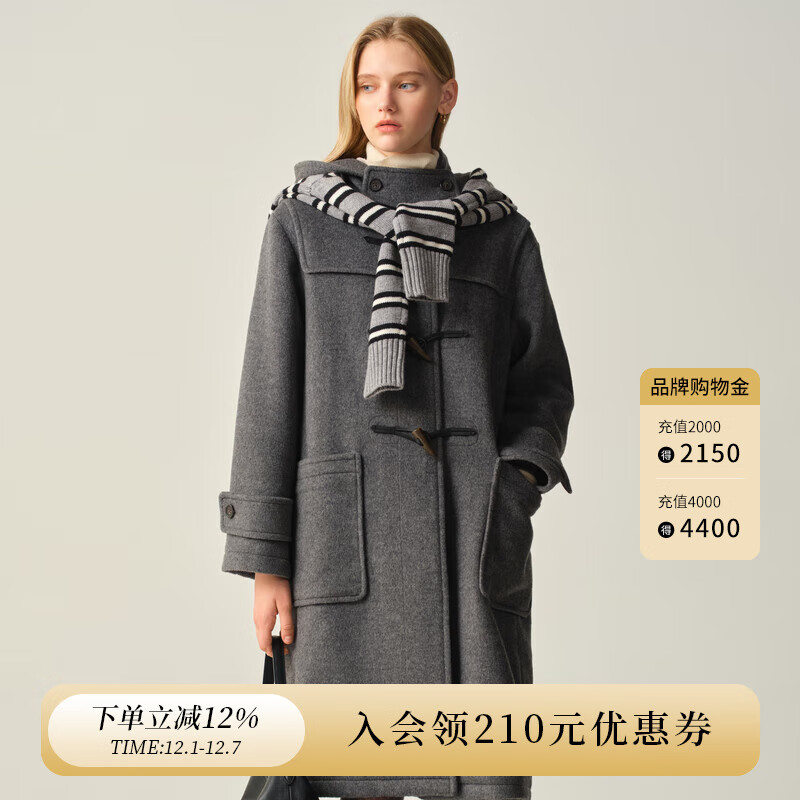ELAND【100%绵羊毛】衣恋毛呢外套女宽松连帽大衣2025秋季新款 深灰色(17)D/Grey XS /155