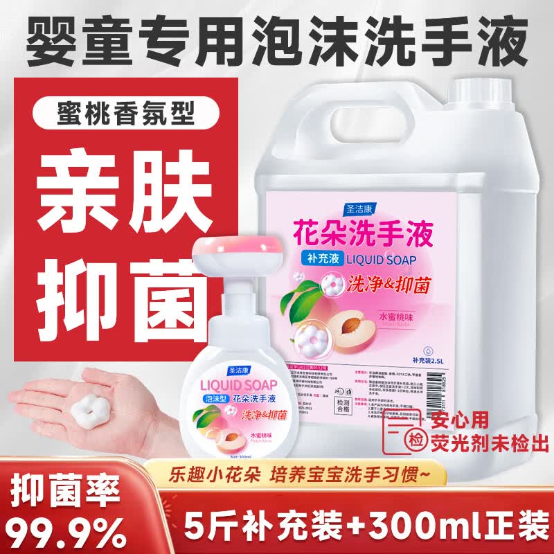 圣洁康 泡沫花朵洗手液清爽不刺激按洗手液按压式全家适用泡沫洗手液 【蜜桃味】补充液2.5L+花朵正装300ml