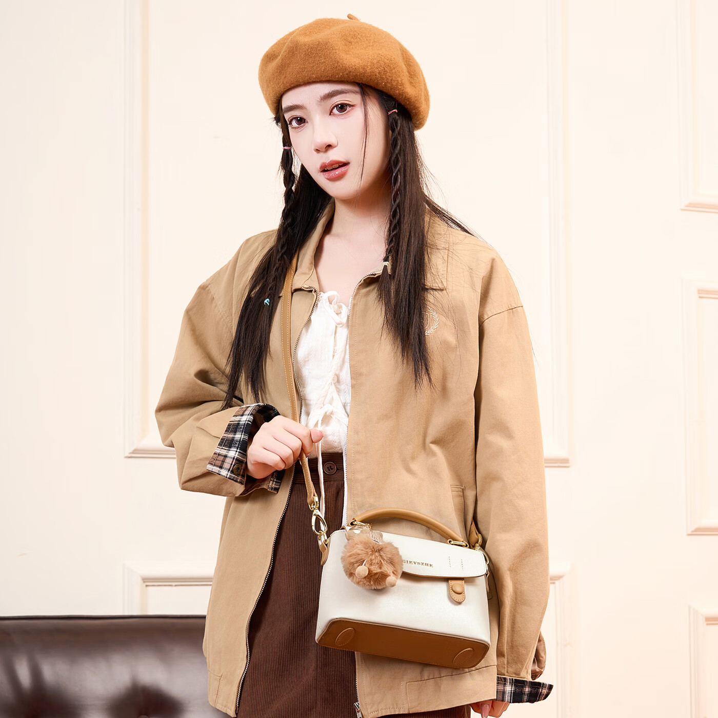 纪诗哲包包女包2026新款奢侈女士单肩斜挎手提包情人节生日礼物送女友 米棕色【配小煤球公仔】 小包