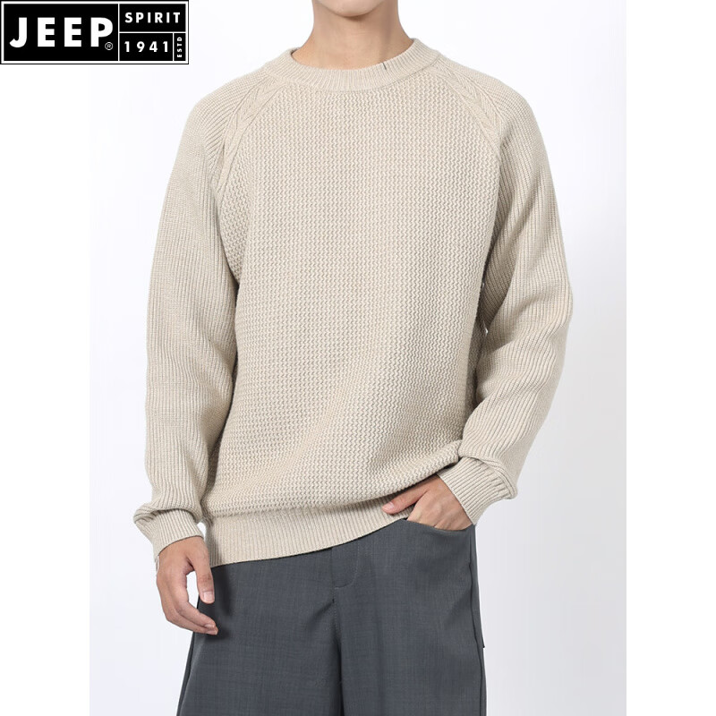 JEEP SPIRIT男士老钱风秋冬圆领毛衣男款品质感菠萝纹休闲上衣针织衫男装 花杏色 M