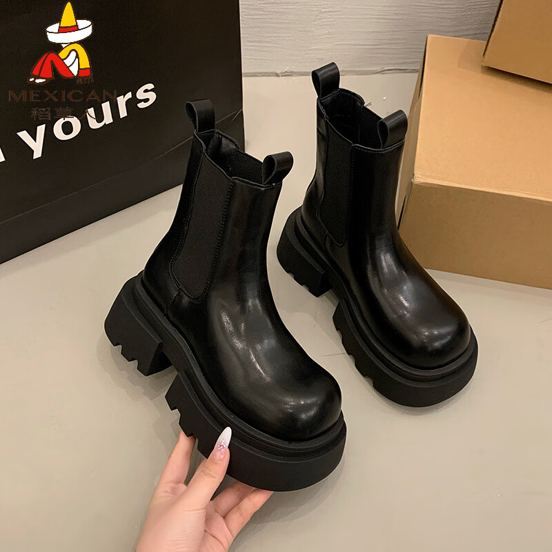 稻草人（MEXICAN）欧洲站厚底马丁靴女2026秋冬新款加绒增高烟筒靴英伦风切尔西短靴 黑色单里 35