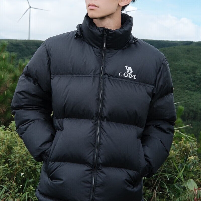 骆驼（CAMEL）系列刺绣火山冬季保暖羽绒棉服立领短款男女同款面包服棉衣 骆驼 黑色 骆驼XL【120-140斤】