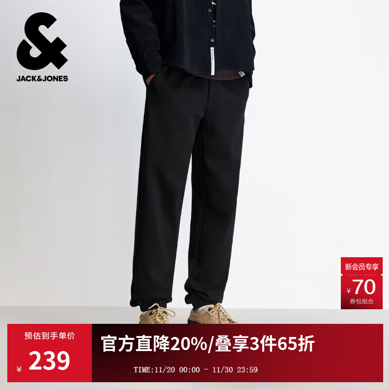 杰克·琼斯（JACK&amp;JONES）男装25年秋冬季加绒裤男士加厚卫裤束脚松紧腰抽绳运动休闲长裤子 E43纯黑色 31 175