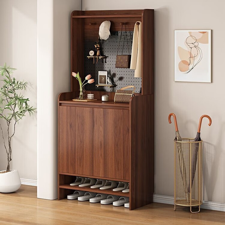 倘然之家鞋柜家用门口玄关柜一体间厅柜置物架入户柜衣架新款洞洞板储物柜 胡桃色 长60*深35*高180cm