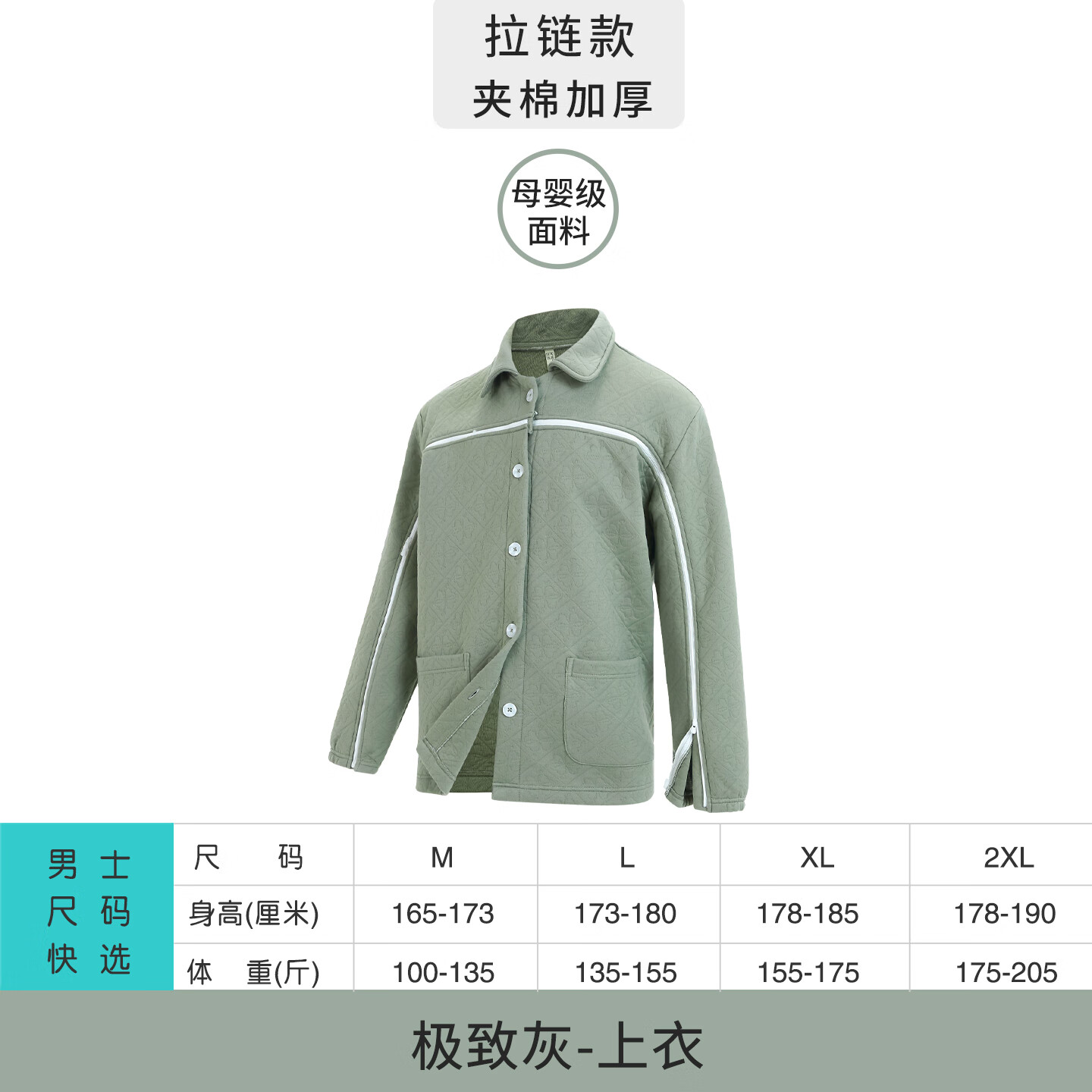 秋冬纯棉易穿脱护理服瘫痪卧床骨折病人睡衣术后衣服化疗康复夹棉 极致灰【夹棉加厚】拉链-男/上衣 【微收口-胸开】全棉 2XL 165cm-175cm