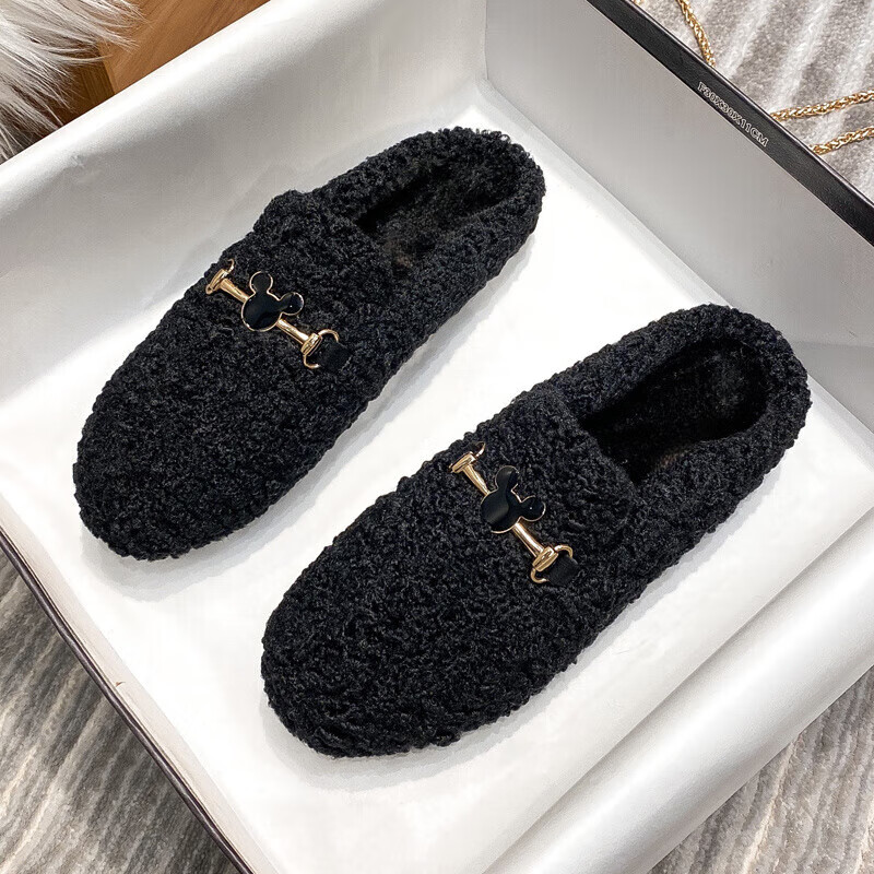 AILUKI日本毛毛鞋女半拖秋冬外穿穆勒鞋加绒包头棉拖鞋平底大码女棉鞋 黑色 33