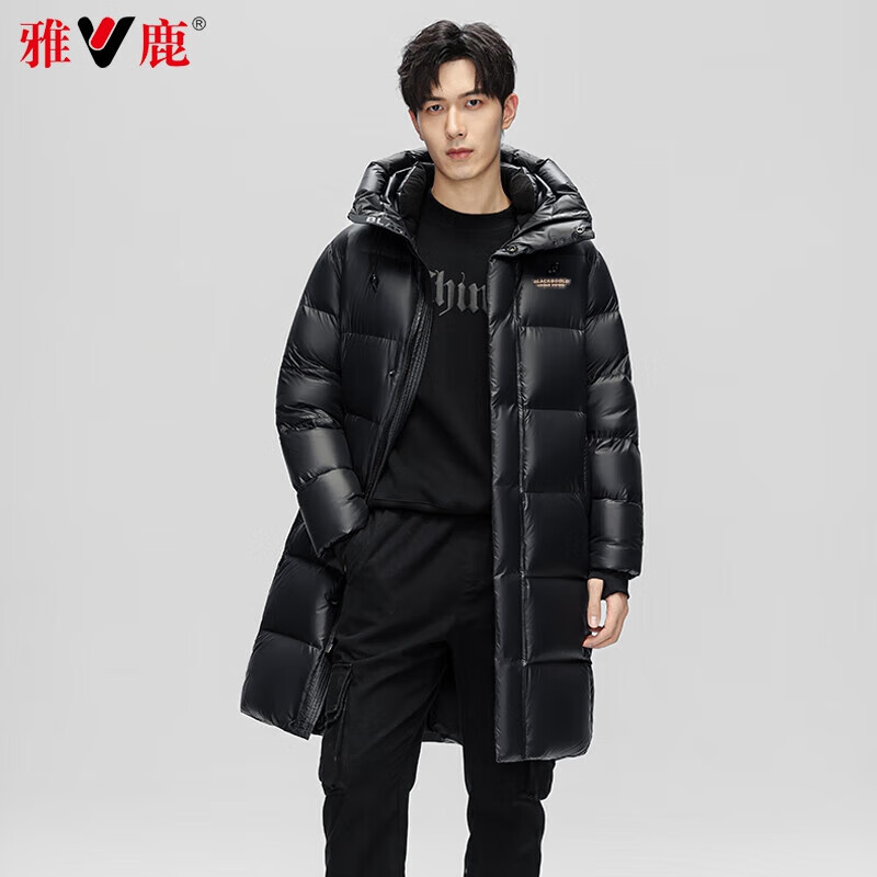 雅鹿【鹅绒泡芙】长款鹅绒羽绒服女冬季连帽加厚极寒男女同款外套 【鹅绒】黑色女款 M /170