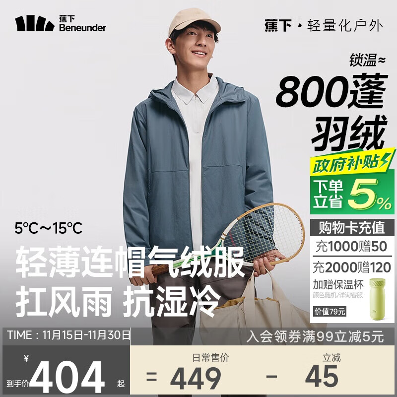 蕉下（beneunder）气绒服男士秋冬季保暖连帽轻薄夹克外套户外CL233岩石灰2XL