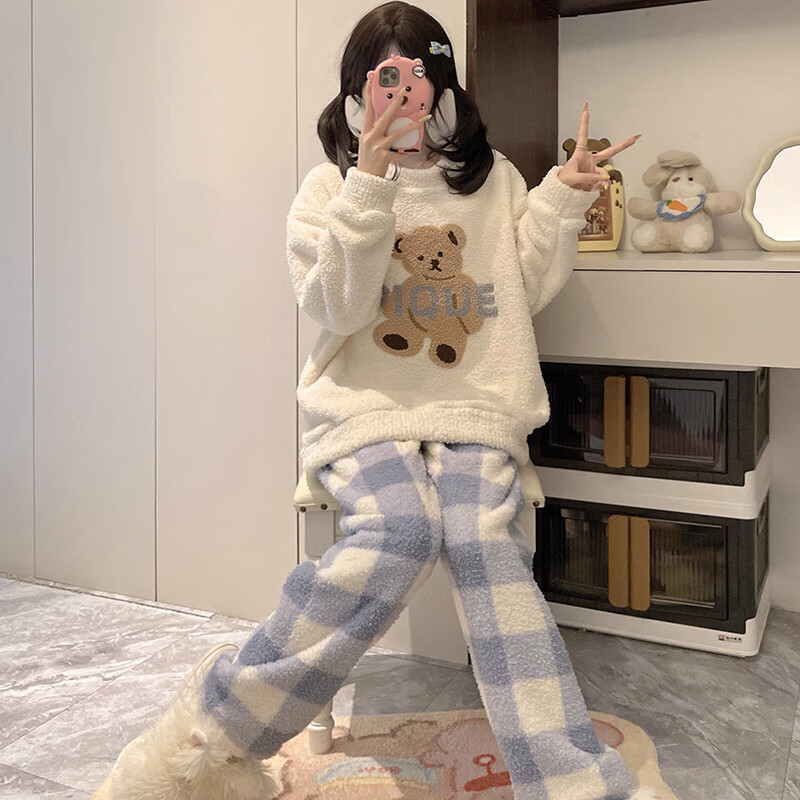 都市丽人半边绒女士睡衣女秋冬季2025新款加绒加厚家居服套装女睡衣可外穿 格子小熊 XL  （建议120-140斤）
