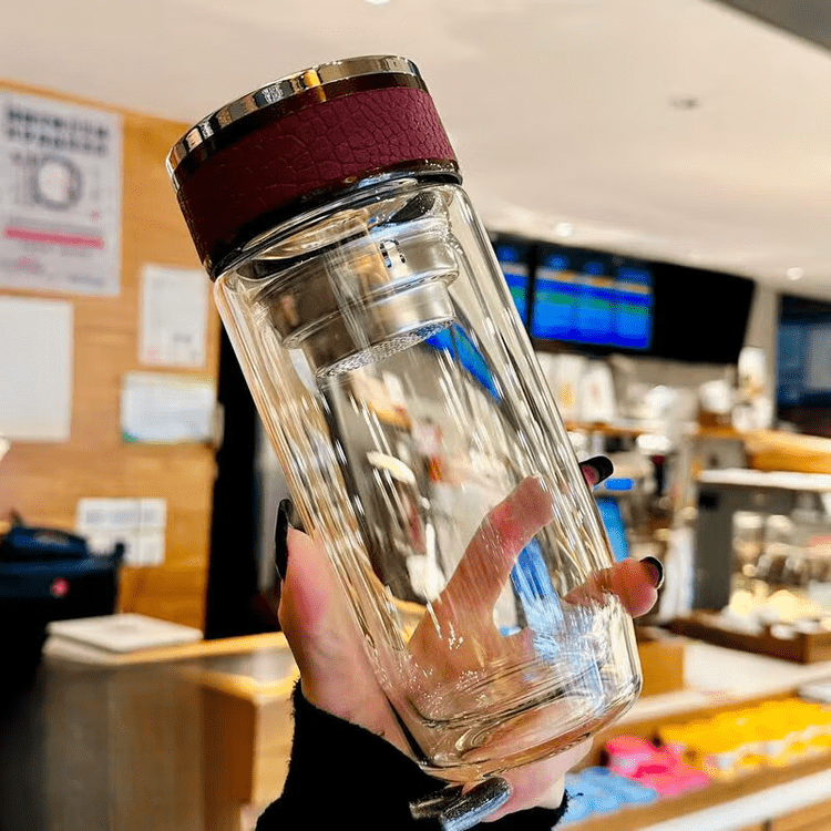 鹅蛋杯玻璃杯双层茶水分离大容量双层水杯茶杯 红色皮纹鹅蛋杯1只装