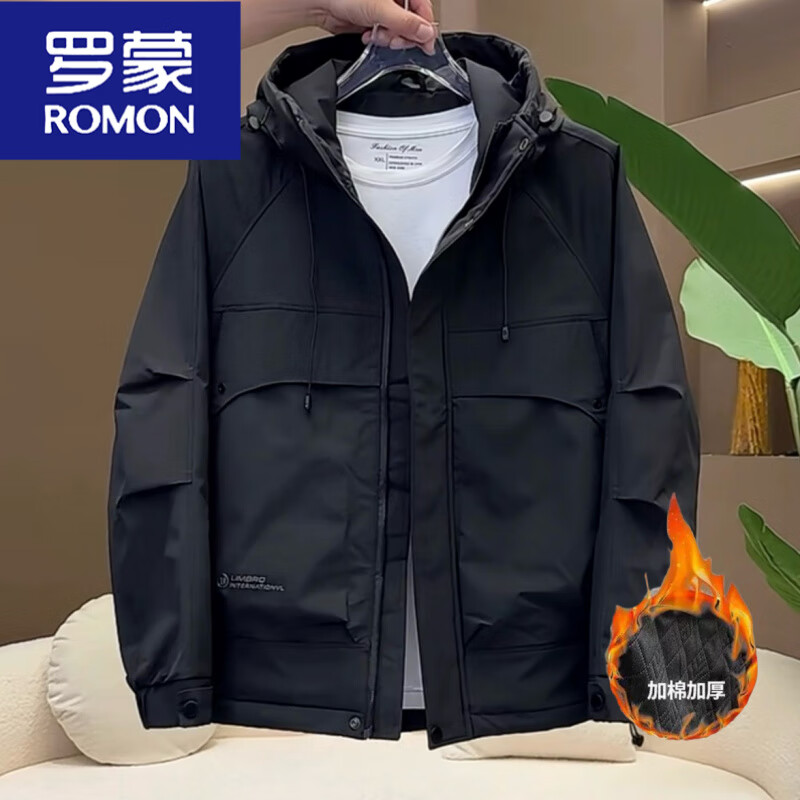 罗蒙（ROMON）2025秋冬新款男士连帽宽松棉衣外套时尚流行防风加厚夹棉冲锋衣男 黑色 加棉款 XL 建议体重135-150斤