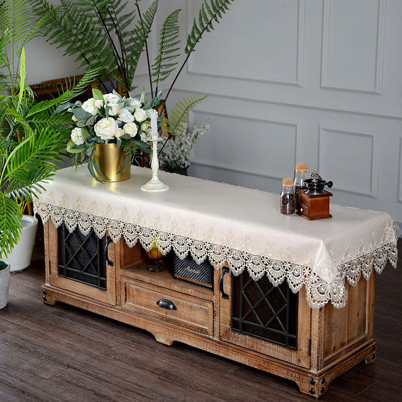 泰繡歐式電視柜布防水防油免洗電視柜蓋布蕾絲旗長條布旗 香檳色電視柜蓋布 60*150cm