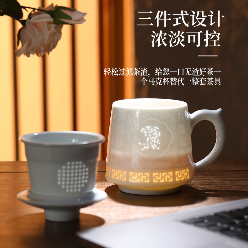 御嘉斋景德镇陶瓷手工雕刻中式新款生肖茶杯玲珑办公泡茶杯水杯送礼礼物 新款生肖玲珑办公杯-猪叩福门